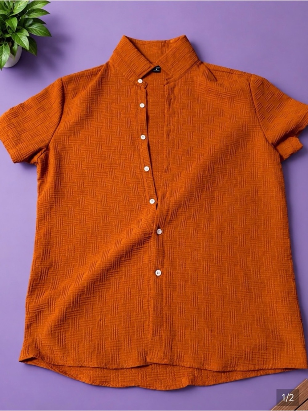 Men's Short-Sleeve Textured Button-Up Shirt in Burnt Orange